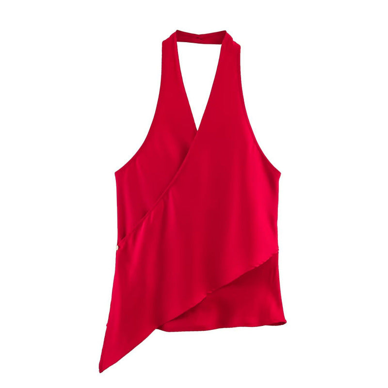 European And American-style Fashionable Versatile Satin-textured Halter-neck Top