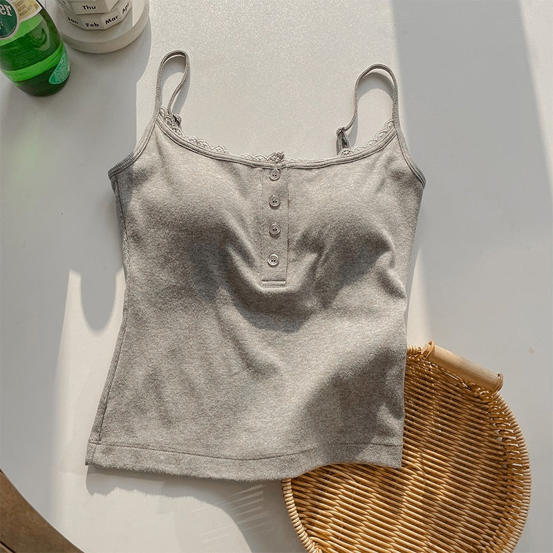 Bra With Cups Suspender Camisole Lace Trim Buttoned Slim-Fit Figure-Hugging InnerOuter Layer Base Top
