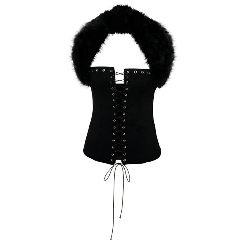 Womens Fashionable Sexy Strappy Cardigan With Faux Fur Collar T-Shirt