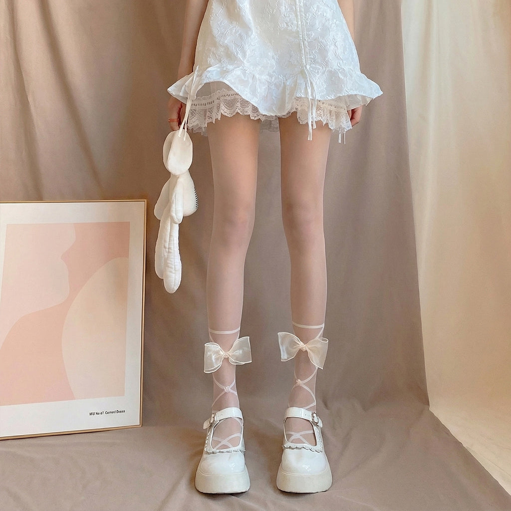 Lolita Pure Desire Style Calf Bandage Socks, Bow Japanese Style Silk Stockings For Women, Lolita Sexy Versatile Bottoming Socks