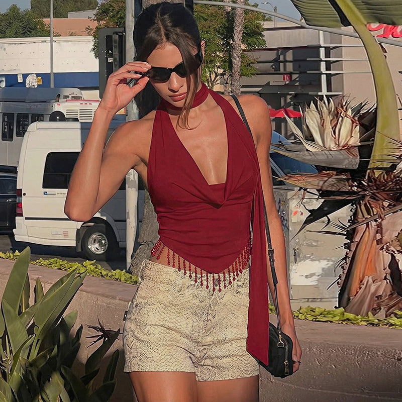 Lace Up Back Hollow Out Design Statement Tassel Camisole For Women