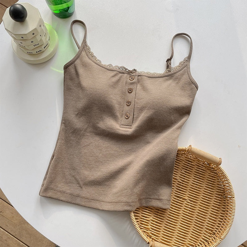 Bra With Cups Suspender Camisole Lace Trim Buttoned Slim-Fit Figure-Hugging InnerOuter Layer Base Top