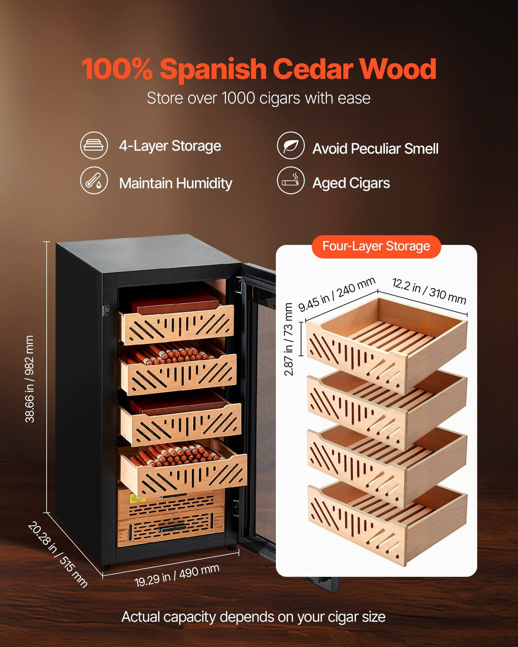 105L Electric Cigar Humidor Cooler Cabinet 1000 Counts With Compressor