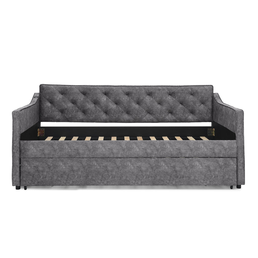 Grey Velvet Mid-Century Style Twin Upholstered Daybed with Pop-Up