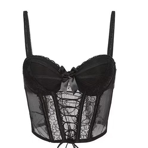 Womens Lace Fishbone Sexy Short Top With Chest Pads And Straps
