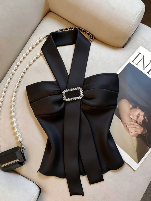 Women's Summer New Fashion Elegant Solid Color Metal Buckle Decorated Halter Neck Camisole Suitable For Going Out And Dating