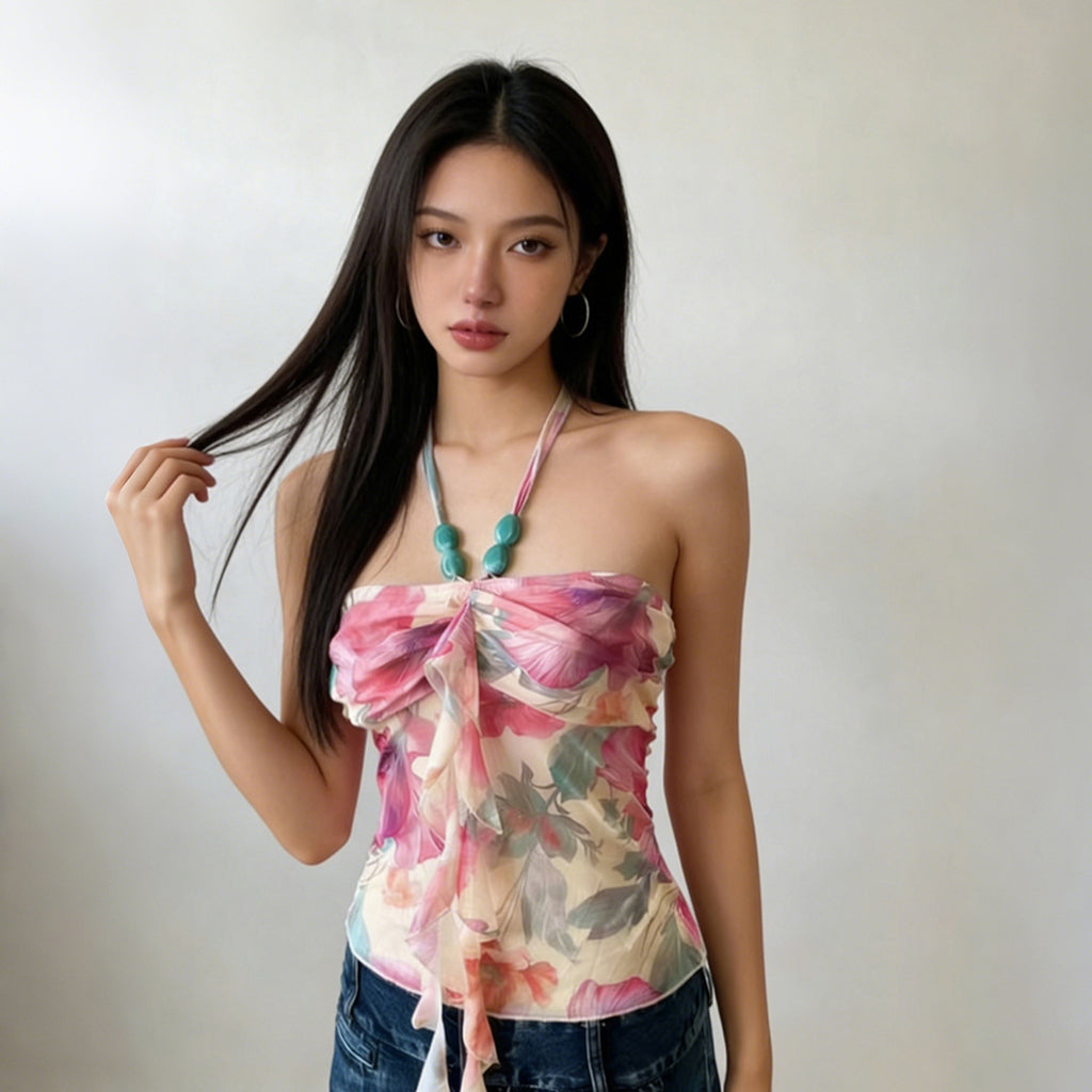 SpringSummer Chic Slim Fit Halterneck Printed T Shirt