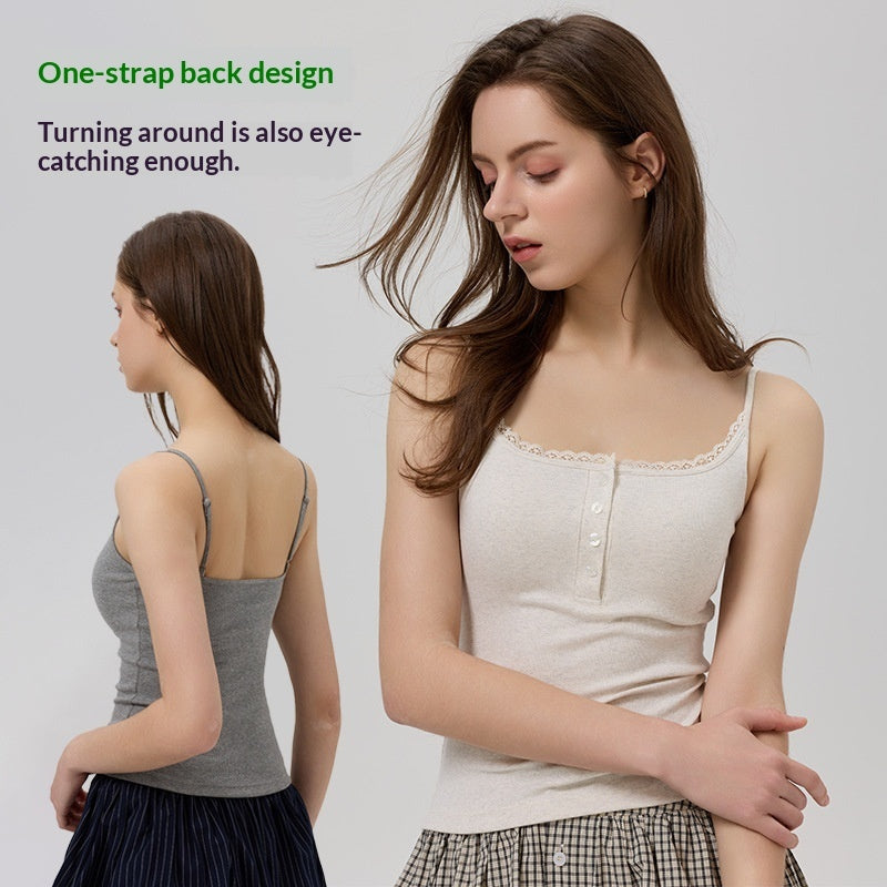 Bra With Cups Suspender Camisole Lace Trim Buttoned Slim-Fit Figure-Hugging InnerOuter Layer Base Top