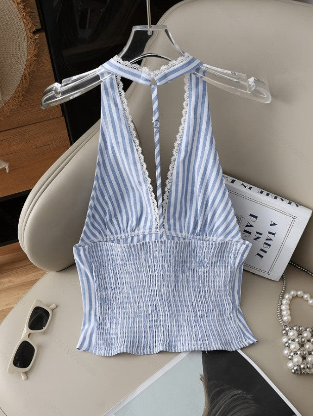 Women's Summer New Fashion Elegant Striped Backless Lace Patchwork Camisole Suitable For Going Out And Dating