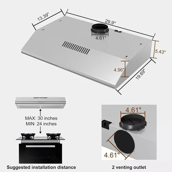 30 In Under Cabinet Range Hood 250 CFM Stainless Steel Kitchen Stove