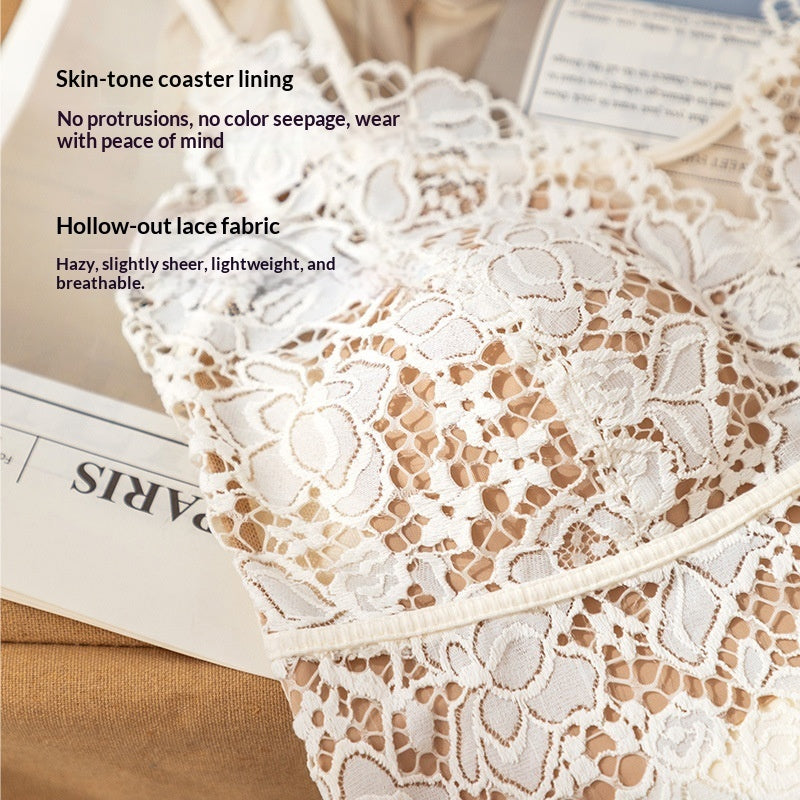 Lace Floral Camisole Mesh Top With Built-in Pads Sexy Slim-Fit Minimalist Base Layer