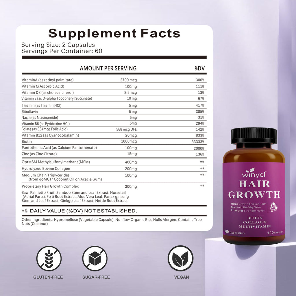 Hair Growth Vitamins Containing 1,000 Mcg Ofbiotin, Collagen, Saw