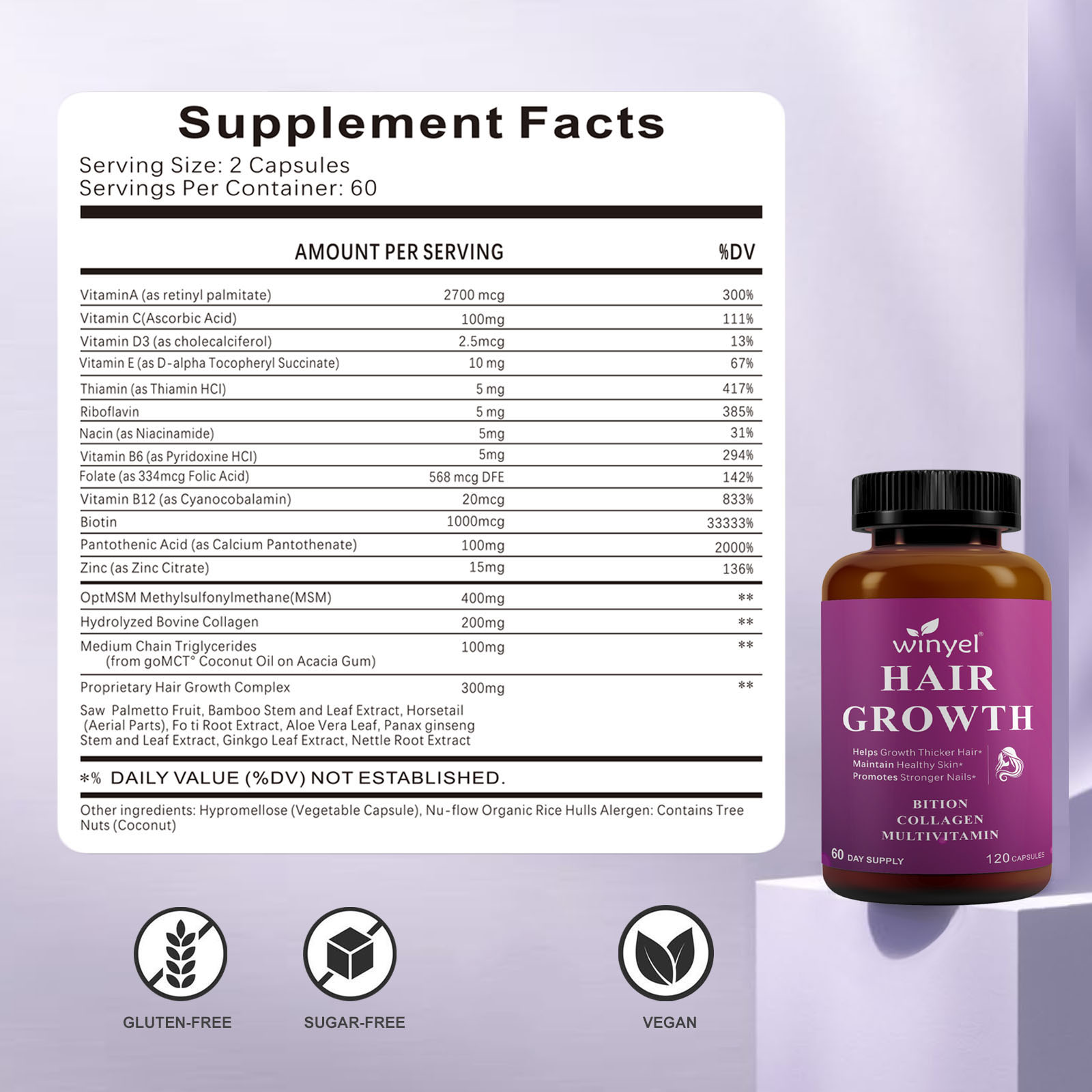 Hair Growth Vitamins Containing 1,000 Mcg Ofbiotin, Collagen, Saw
