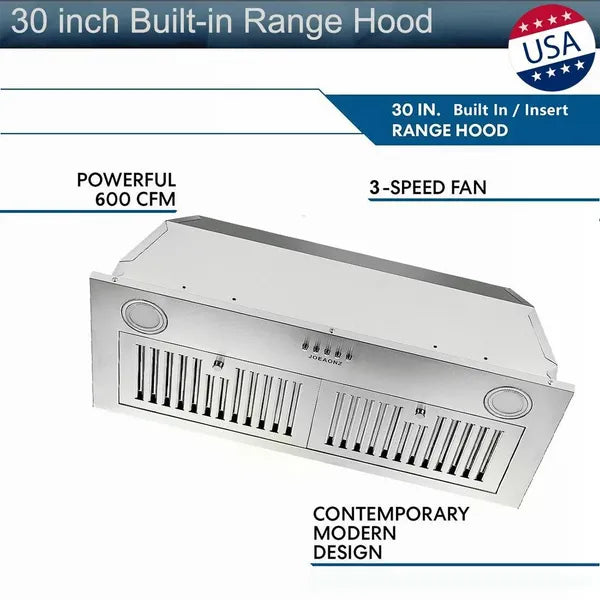 30" Built-In Insert Range Hood 600CFM Kitchen Vent LEDs Convertible