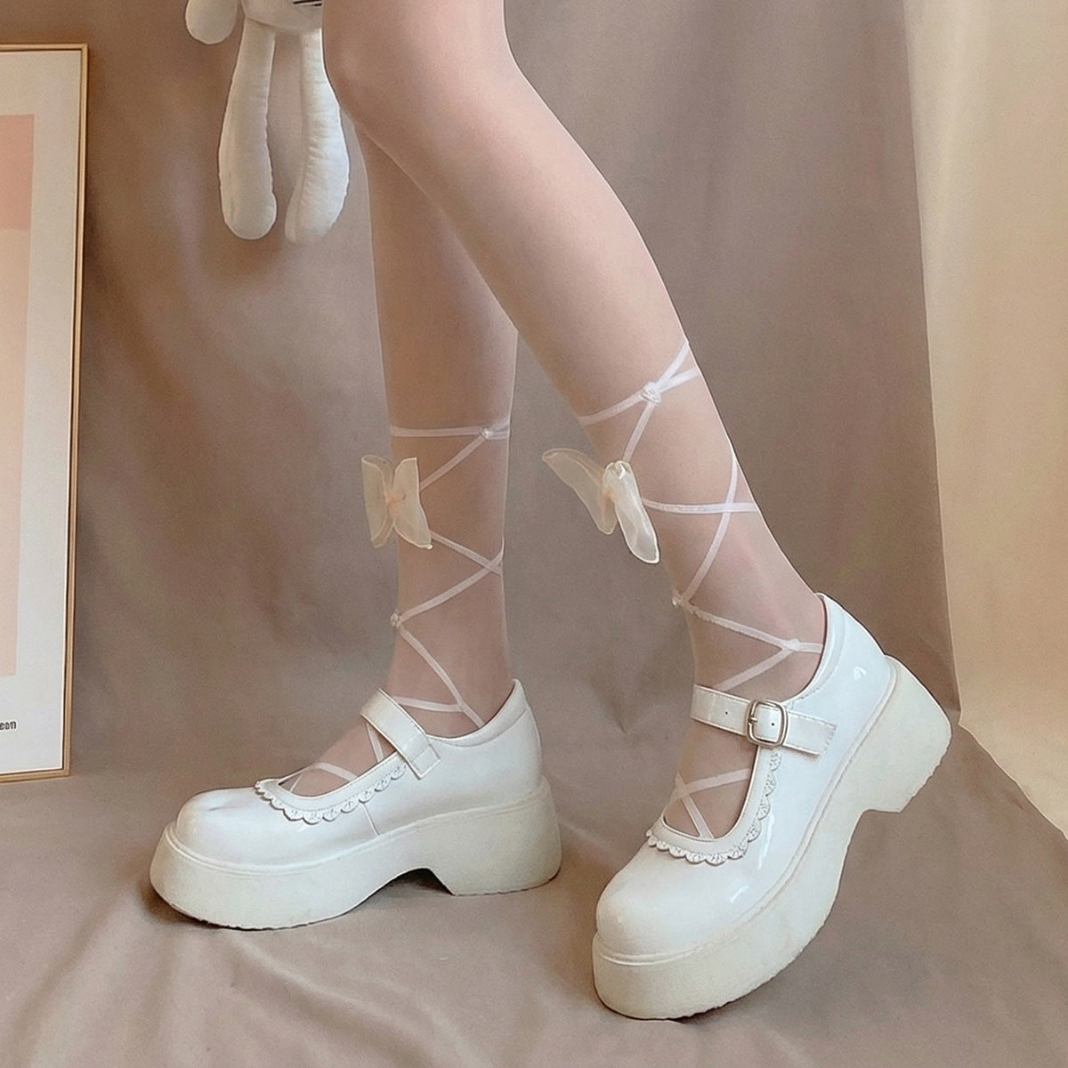 Lolita Pure Desire Style Calf Bandage Socks, Bow Japanese Style Silk Stockings For Women, Lolita Sexy Versatile Bottoming Socks