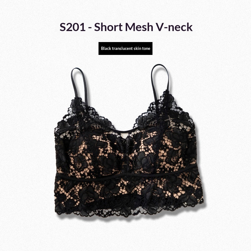 Lace Floral Camisole Mesh Top With Built-in Pads Sexy Slim-Fit Minimalist Base Layer