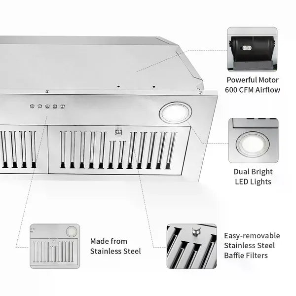 30" Built-In Insert Range Hood 600CFM Kitchen Vent LEDs Convertible