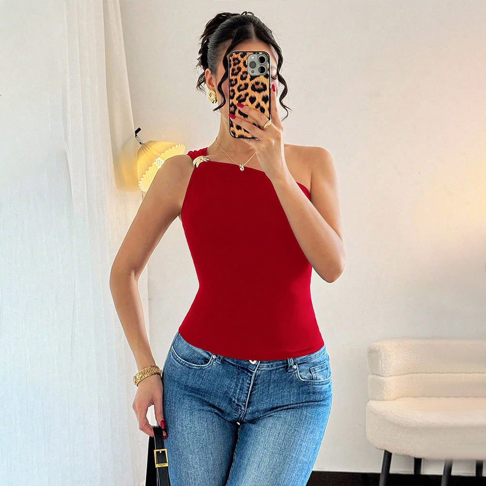 Red Vest Summer Sleeveless Off-Shoulder Slimming T-Shirt Top