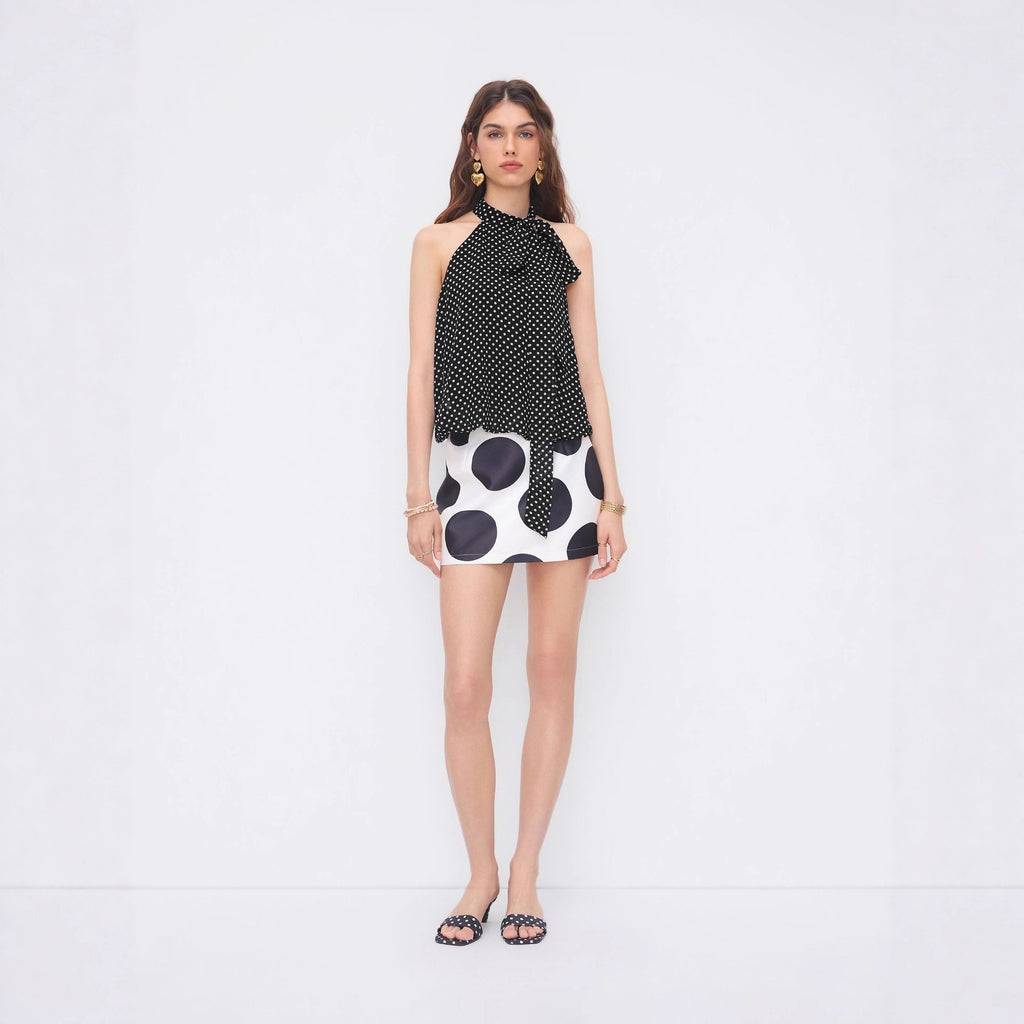 Round-neck Polka-dot Sleeveless Tie-neck Top