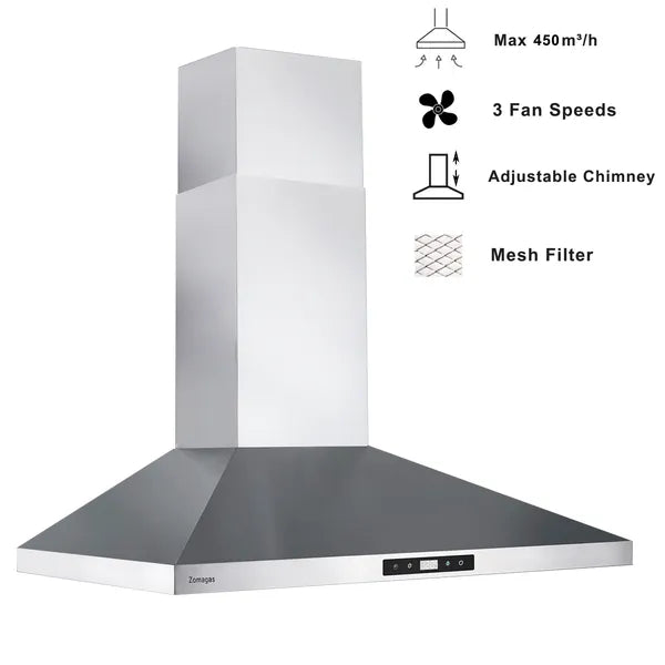 30 Inch Range Hood Wall Mounted 450 CFM Touch Panel Kitchen Stainless