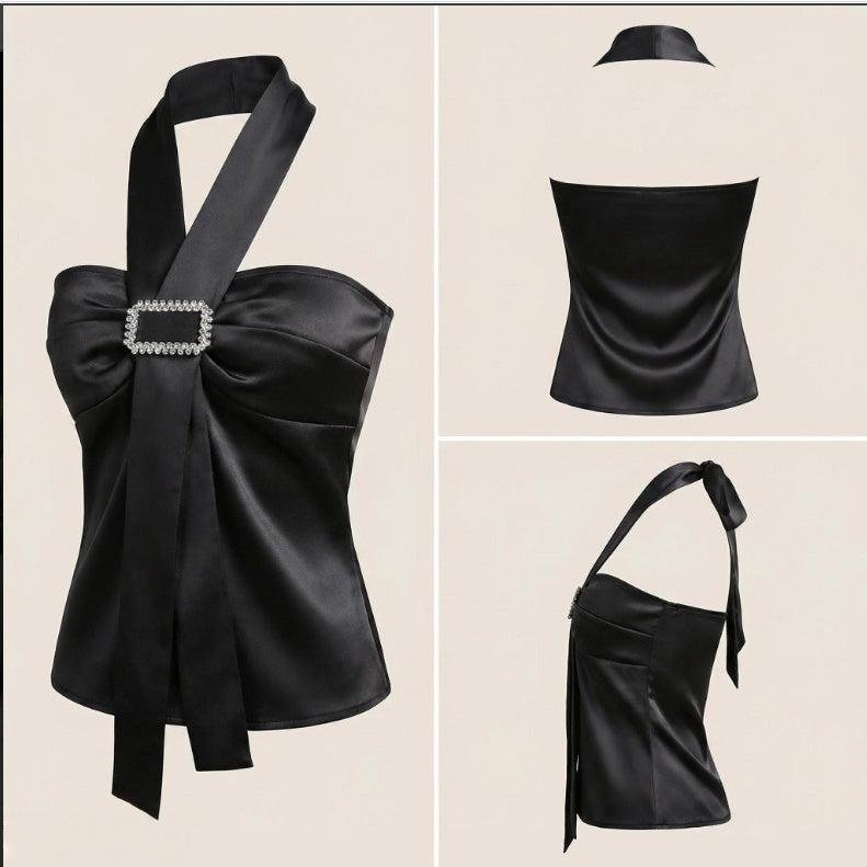 Women's Summer New Fashion Elegant Solid Color Metal Buckle Decorated Halter Neck Camisole Suitable For Going Out And Dating
