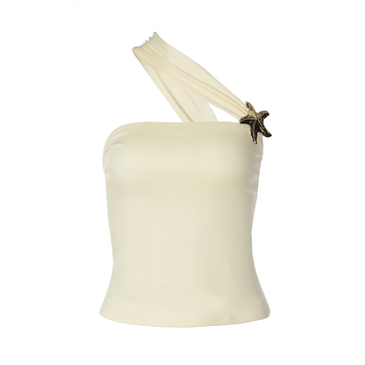 Personalized One Shoulder Top With A Slanted Neckline And Gold Button Detailing