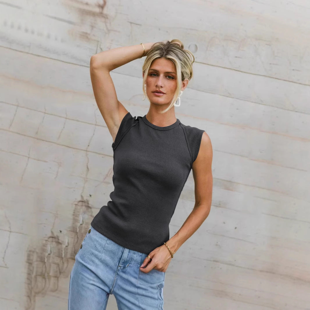 Sleeveless Crew Neck Slim-Fit Ribbed Sexy Chic Womens Top Vest Camisole For Women