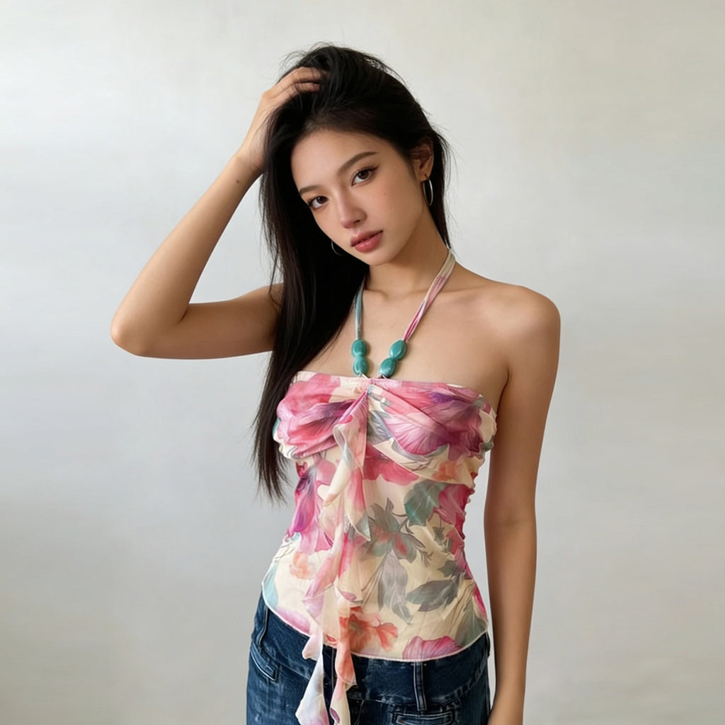 SpringSummer Chic Slim Fit Halterneck Printed T Shirt