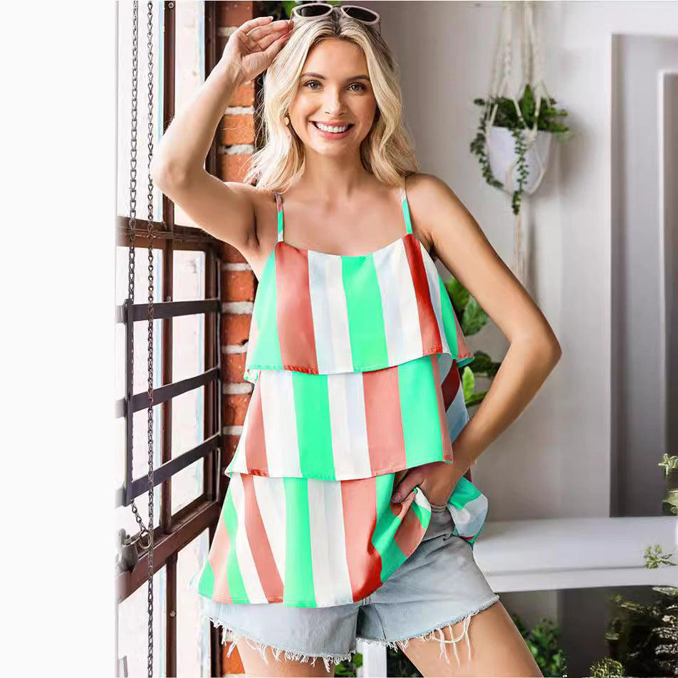 Womens Striped Printed Pleated Layered Camisole
