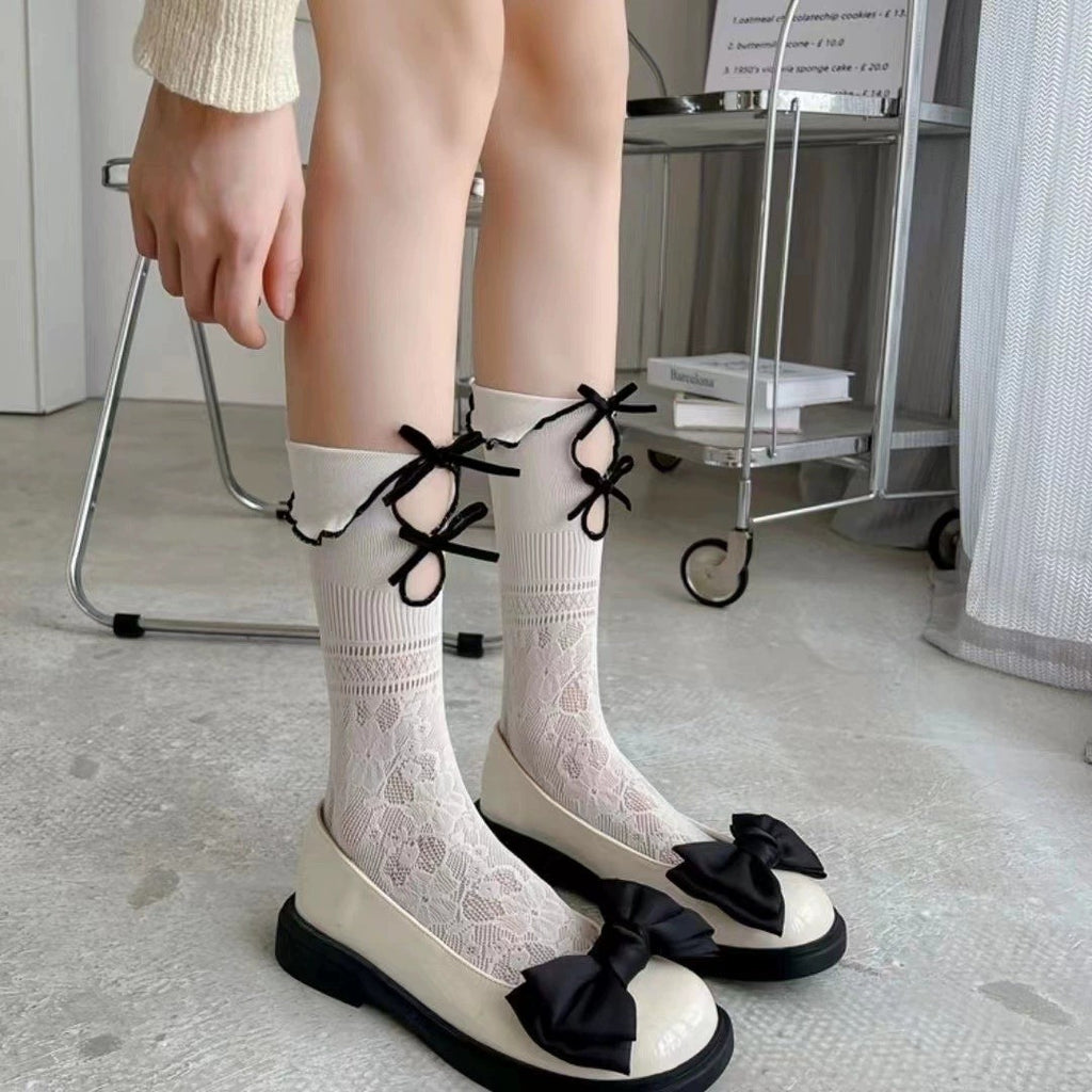 Lolita JK Hollow Socks For Women, Sweet Mid-Calf Socks With Double Lace & Bows, Thin Style For Spring And Summer