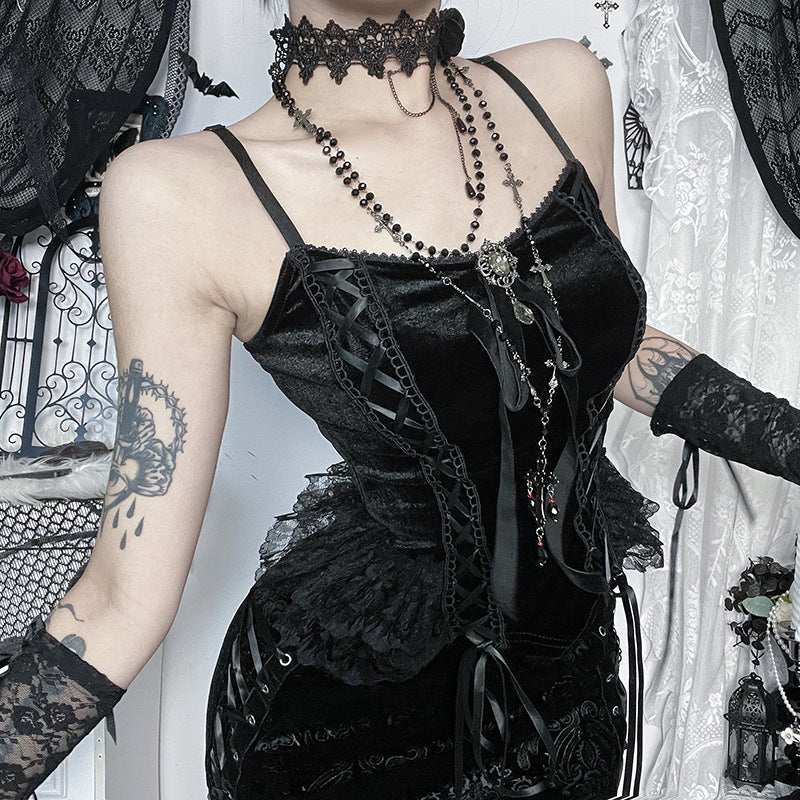 Velvet Lace Patchwork Camisole Subculture-Style New Sexy Dark Chic Tank Top