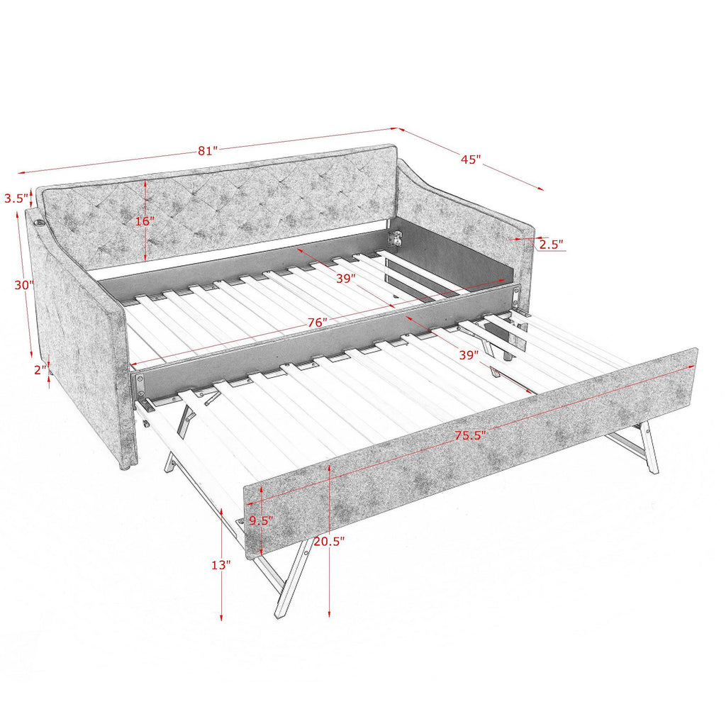 Grey Velvet Mid-Century Style Twin Upholstered Daybed with Pop-Up