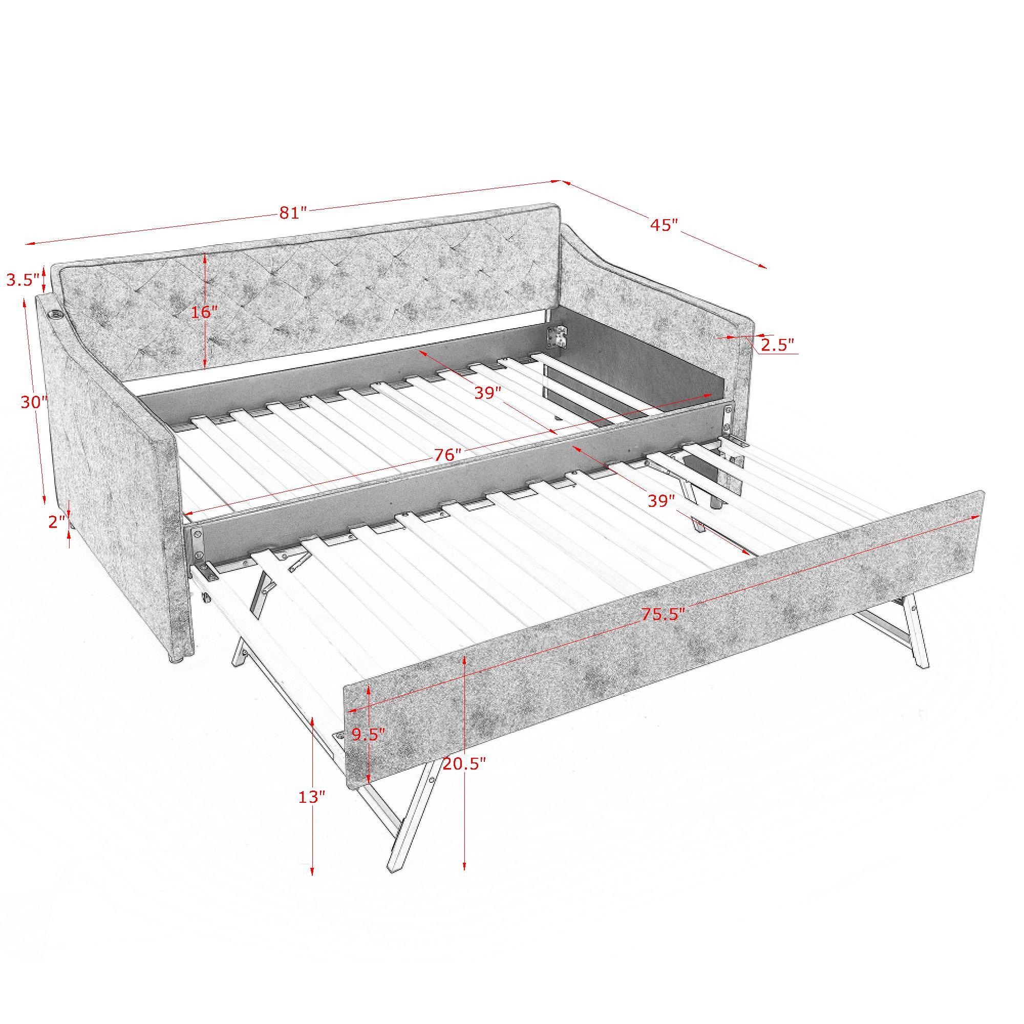 Grey Velvet Mid-Century Style Twin Upholstered Daybed with Pop-Up