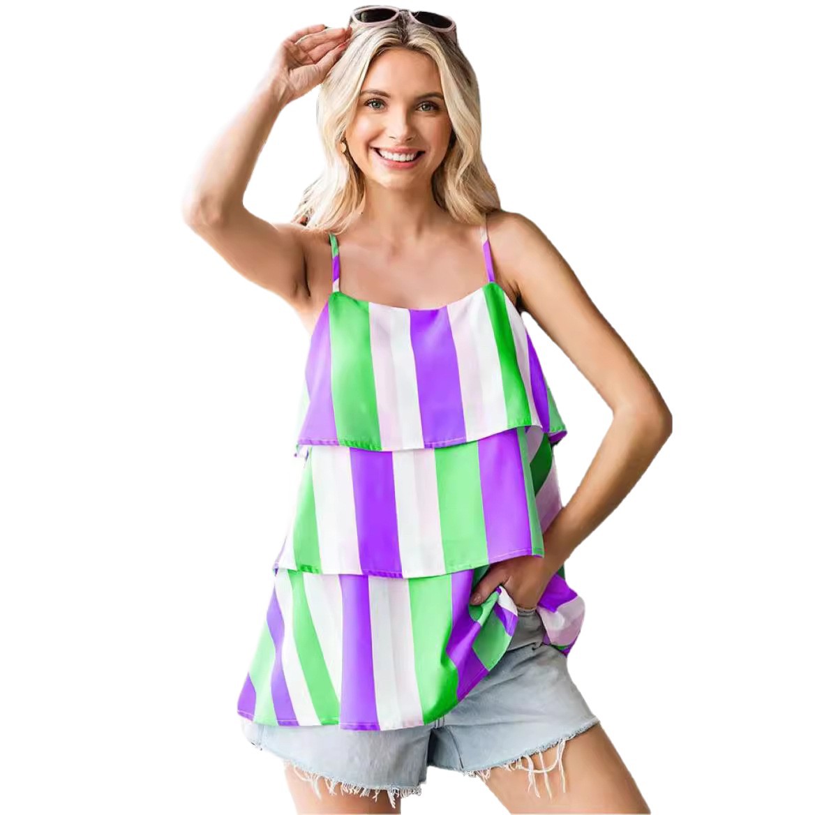 Womens Striped Printed Pleated Layered Camisole
