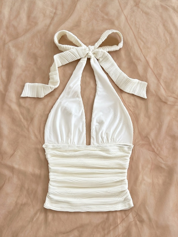 Women's Summer Fashion Beach Vacation Starfish Shell Ribbon Decorative Knitted Texture Fabric Halter Neck Strap Top