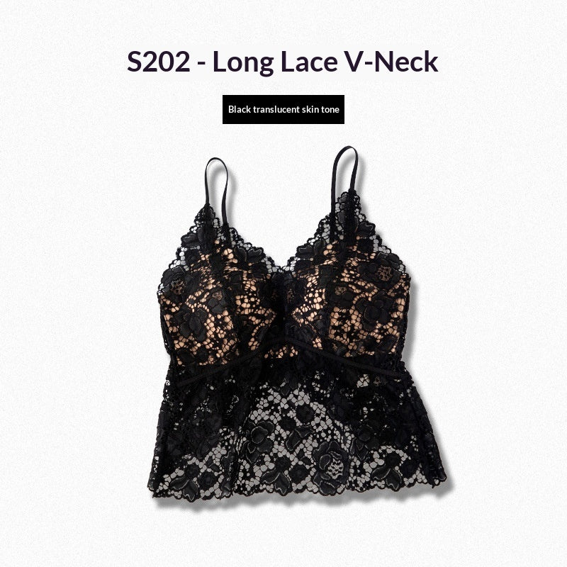 Lace Floral Camisole Mesh Top With Built-in Pads Sexy Slim-Fit Minimalist Base Layer
