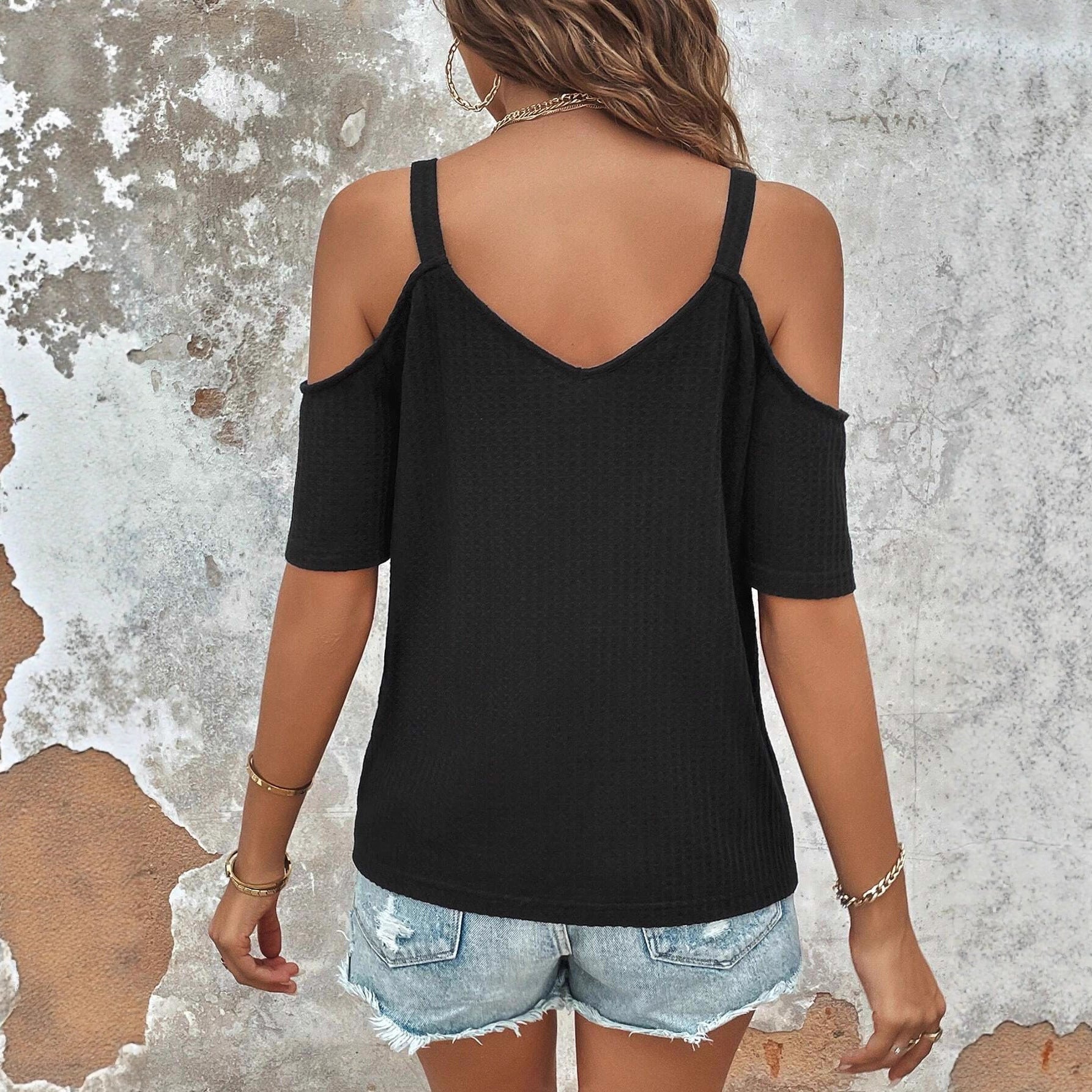 V-neck Color-block Knitted Backless Loose Short-sleeve Camisole T-shirt Top