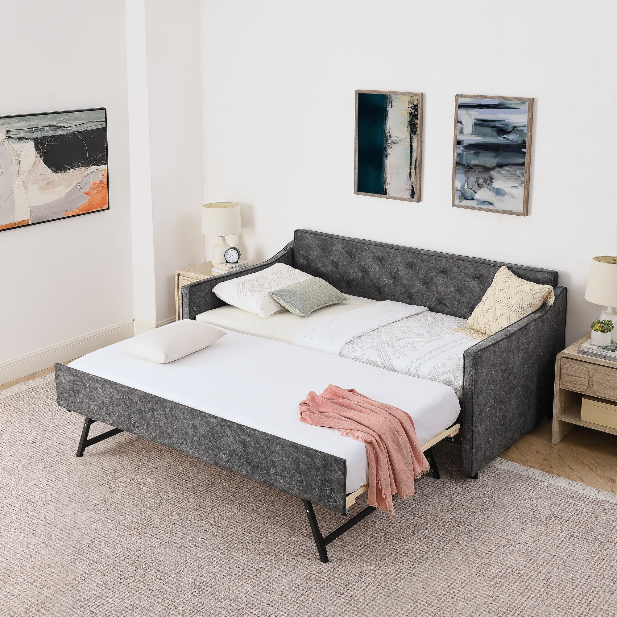 Grey Velvet Mid-Century Style Twin Upholstered Daybed with Pop-Up