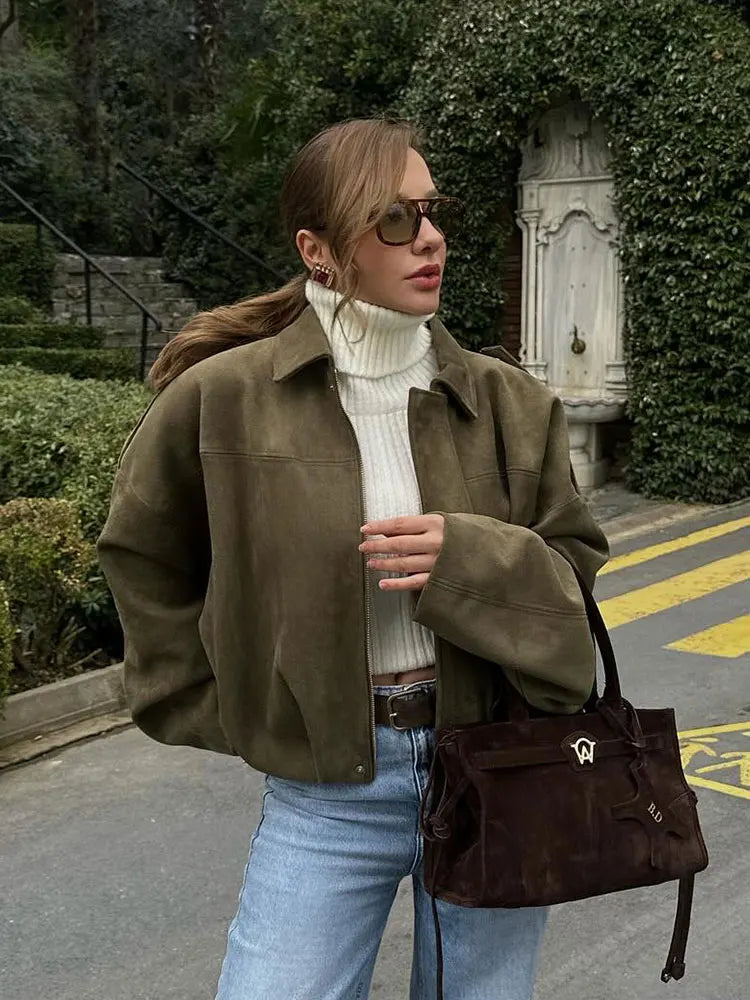 HH Women's Street Fashion Solid Loose Suede Texture Coats Causal Long