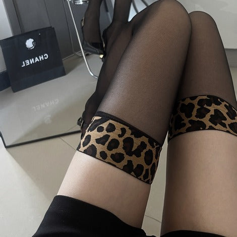 Women's Personalized Wide-Band Leopard Print Black Stockings, Ultra-Thin Thigh-High Stockings, Pure & Alluring Slimming Hot Girl Style JK Long Socks