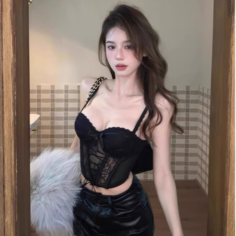 Womens Lace Fishbone Sexy Short Top With Chest Pads And Straps