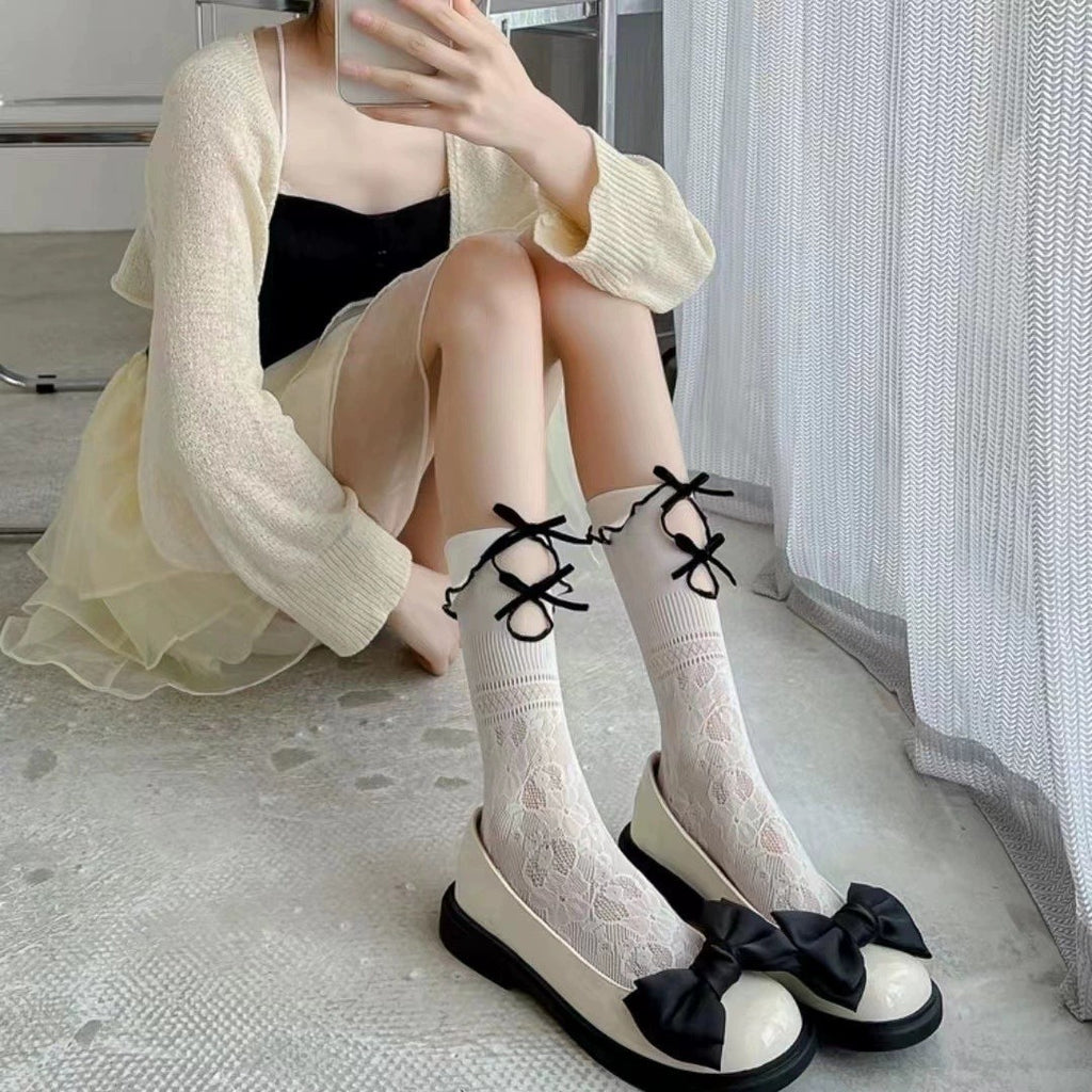 Lolita JK Hollow Socks For Women, Sweet Mid-Calf Socks With Double Lace & Bows, Thin Style For Spring And Summer