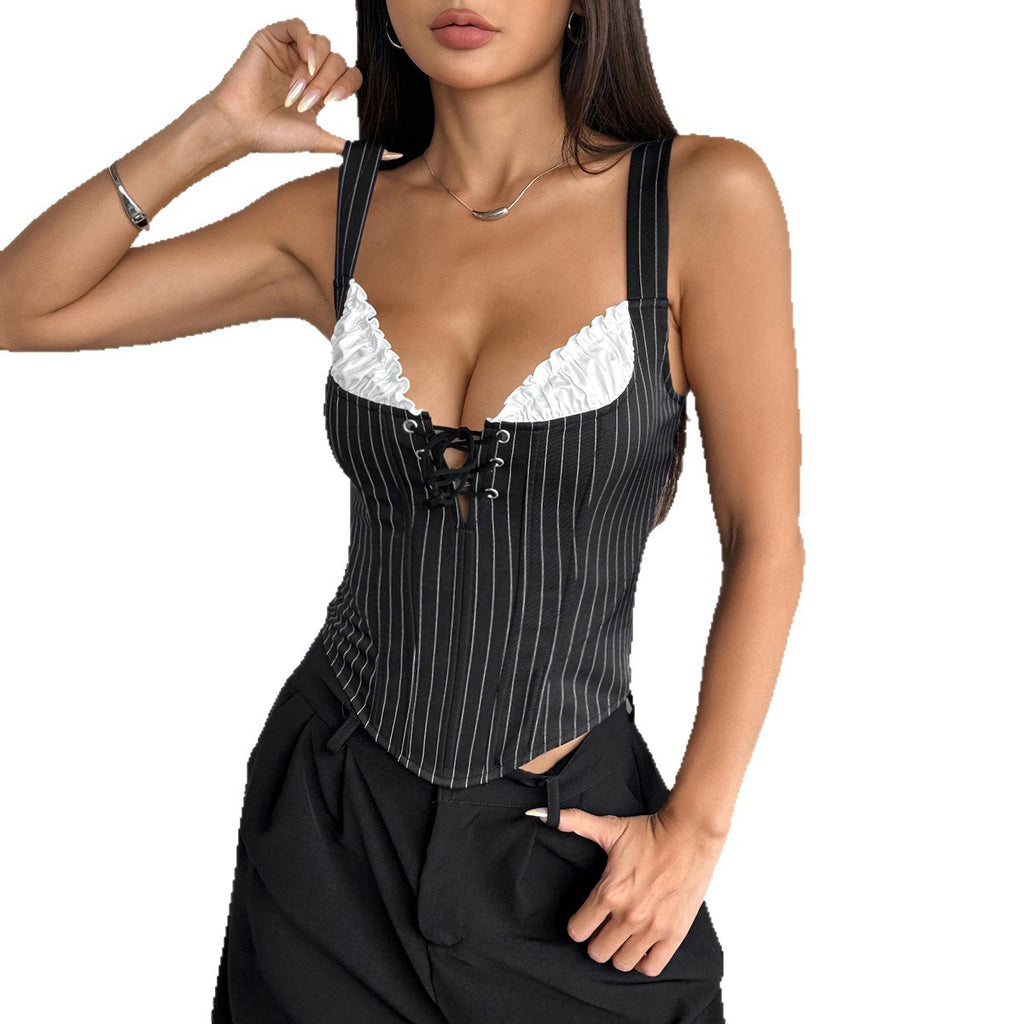Contrast-color Ruffled Bust Cup Fishbone-style Workwear Vest