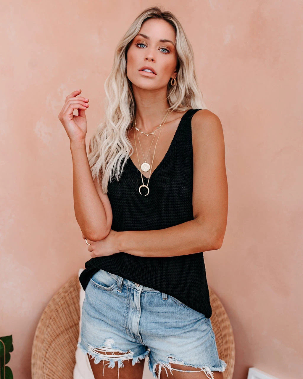 Fashionable Strap Vest Home Ice Silk Knitted Womens