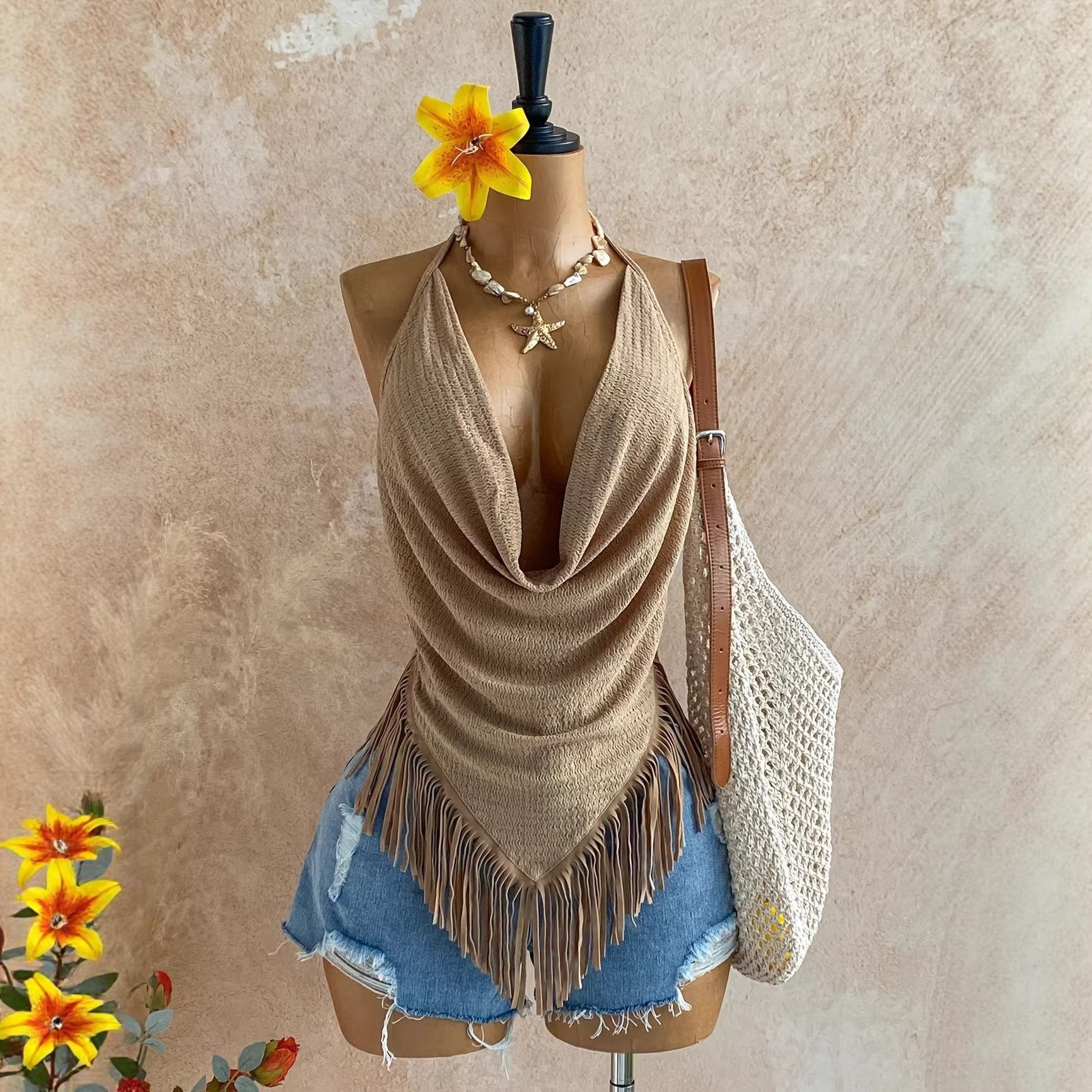 Neck Hanging Sleeveless Maxi Backless Tie Up Top