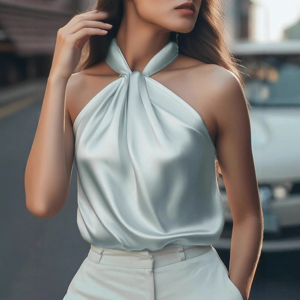 Womens Solid-color Off-shoulder Halter Top With Tie-up Detail