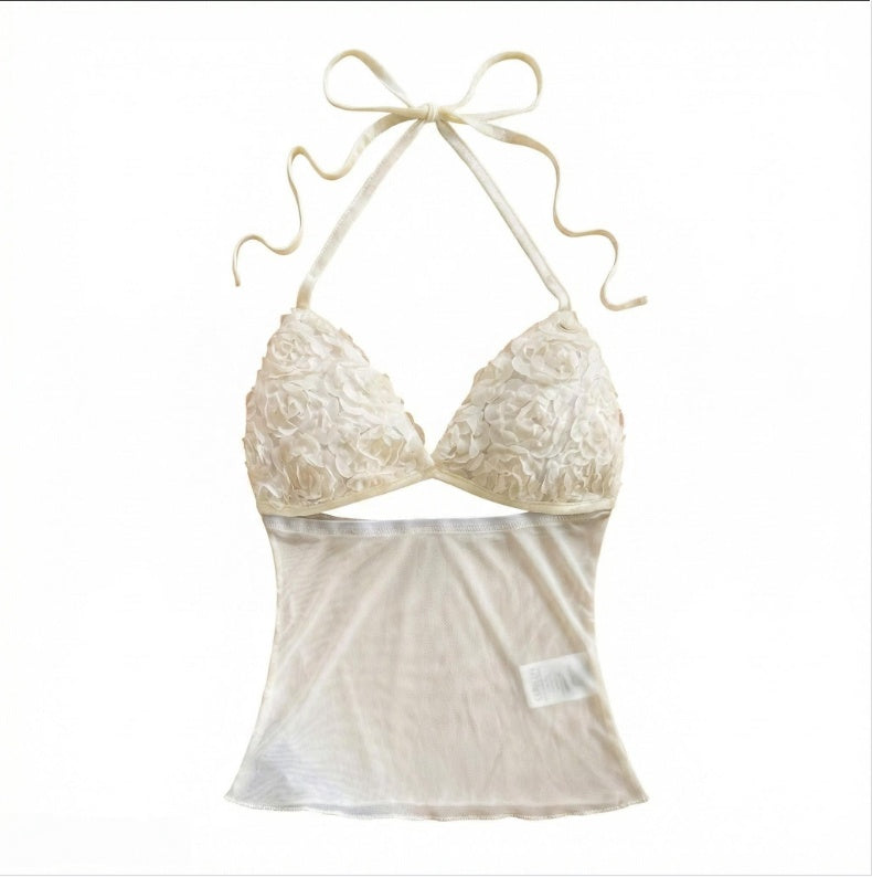 Women's New Summer 3D Floral Hollow Sexy Halter Neck Top Suitable For Summer Vacation Beach Getaway