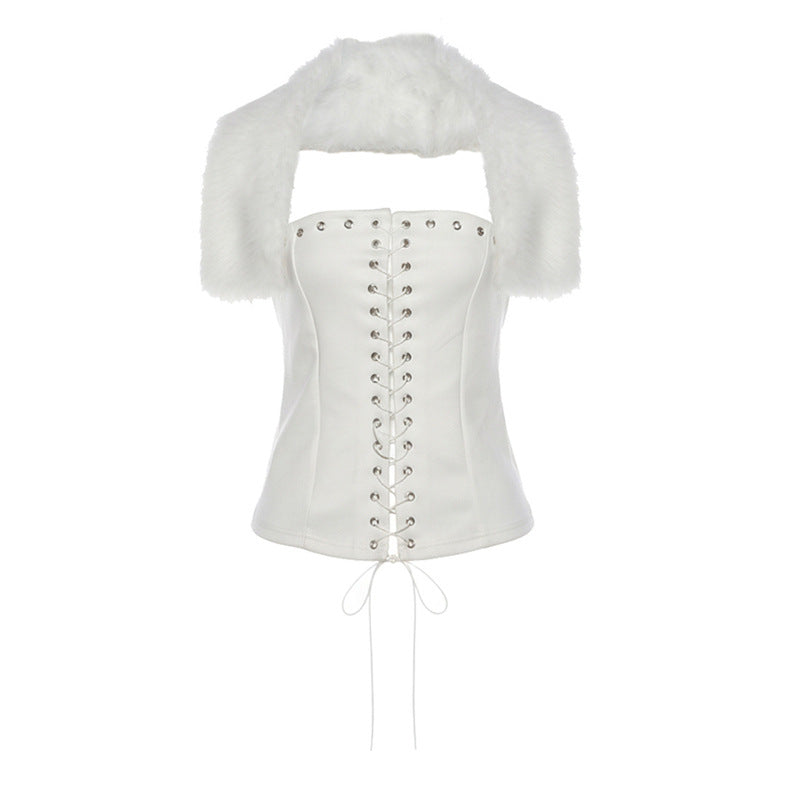 Womens Fashionable Sexy Strappy Cardigan With Faux Fur Collar T-Shirt