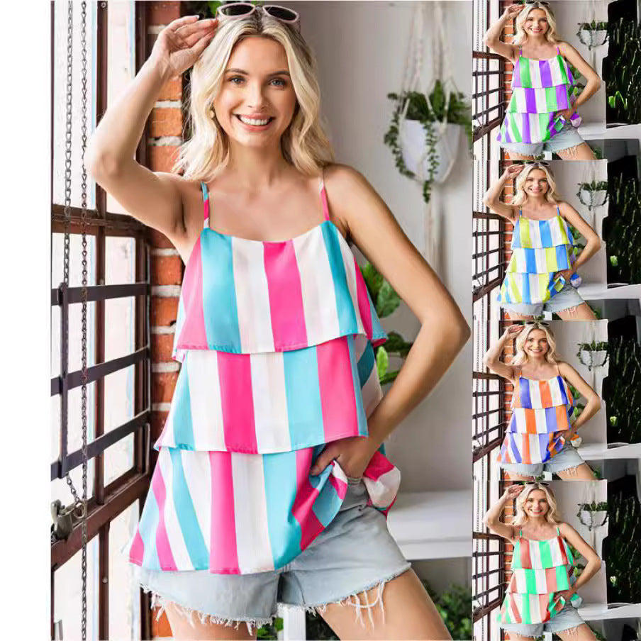 Womens Striped Printed Pleated Layered Camisole