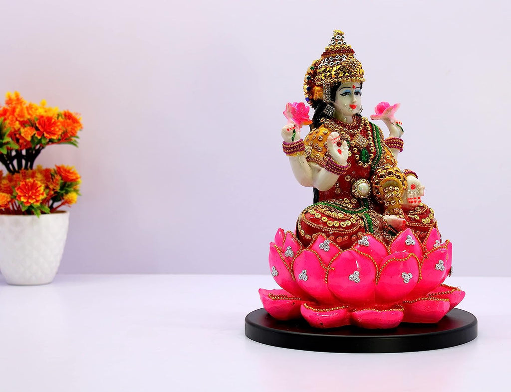 Decorative Lakshmiji Idol on Pink Lotus for Home Temple Pooja